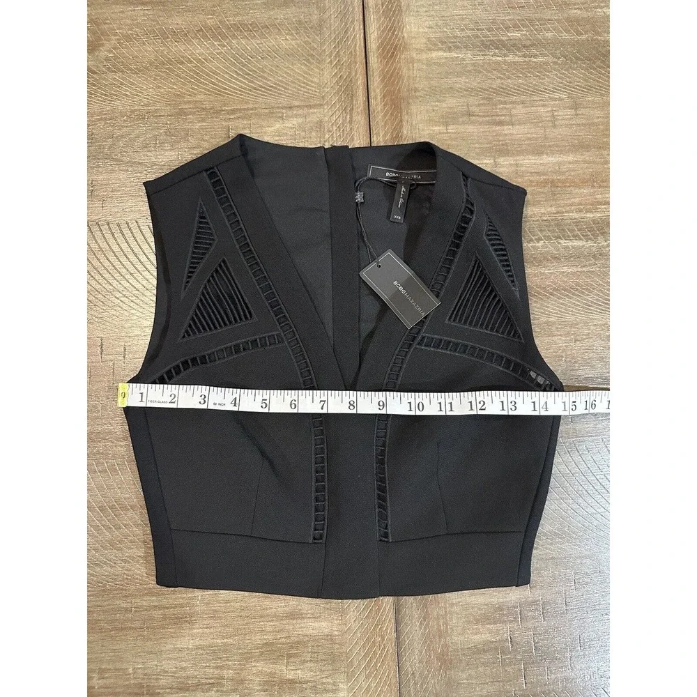 NWT BCBG MAXAZRIA Black Deep V-Neck Tank Crop Mesh Cutouts Womens Size XXS $198 - Picture 10 of 13